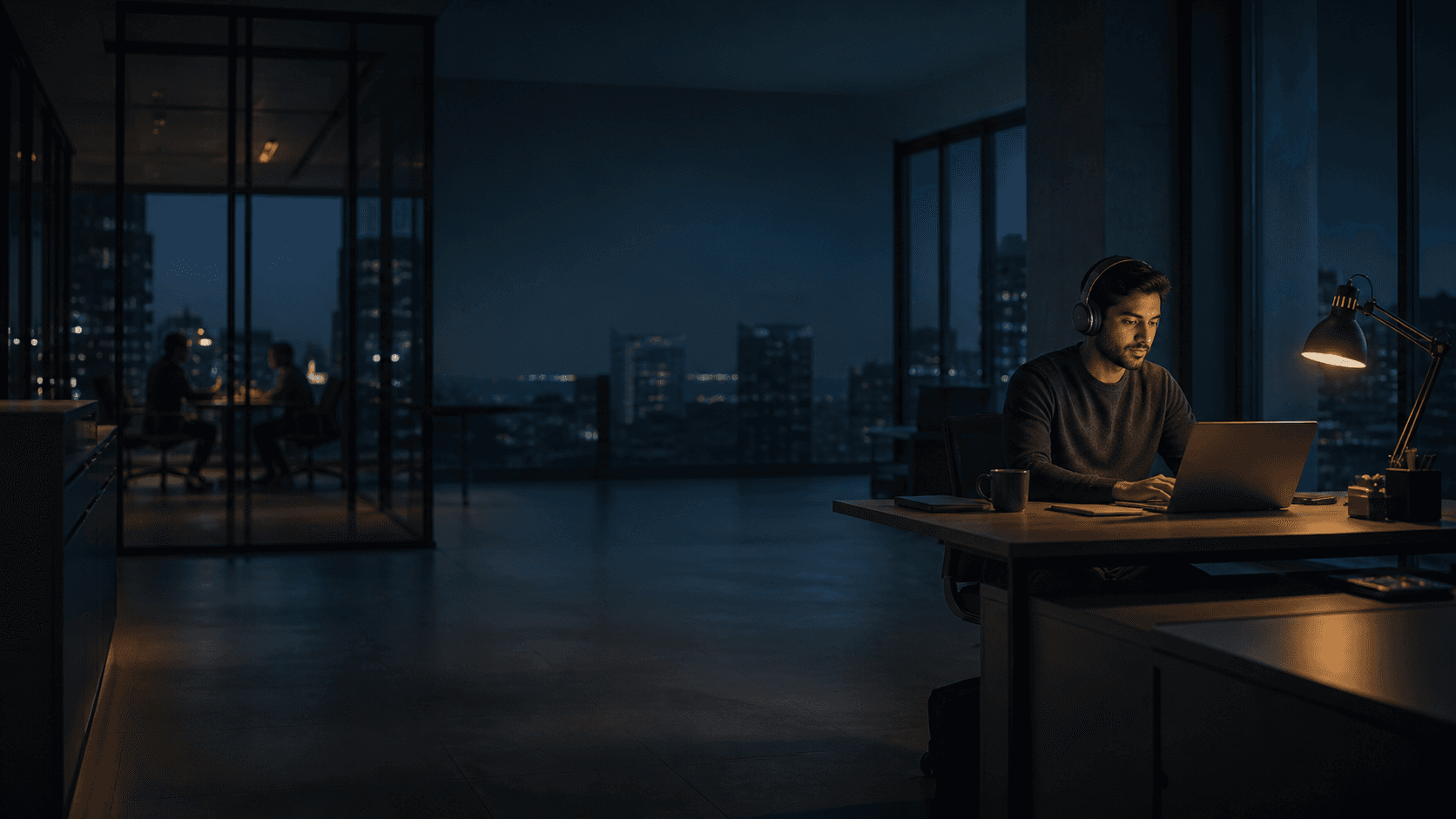 An office worker listening to music while working late